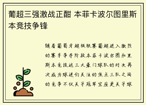 葡超三强激战正酣 本菲卡波尔图里斯本竞技争锋